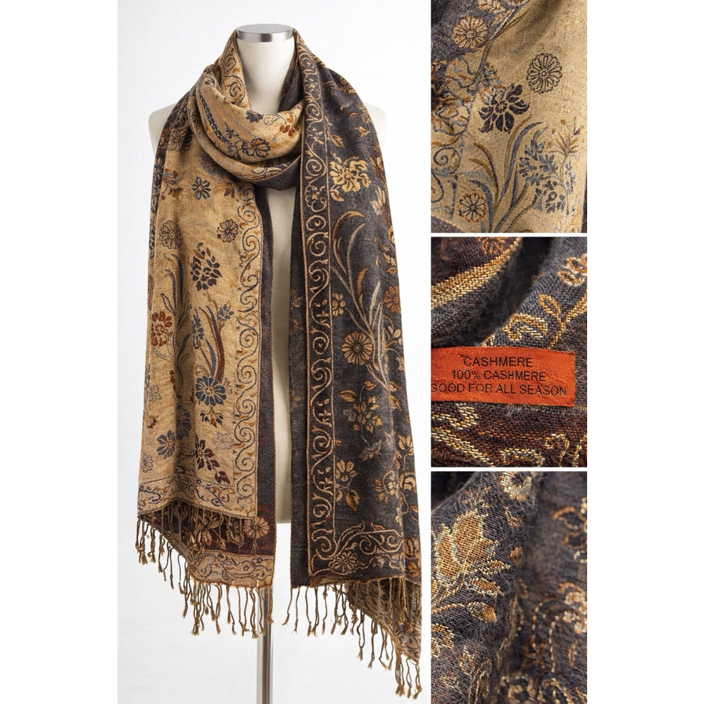 100% Cashmere Double Sided Scarf Shawl Floral Fringe All Season Wrap